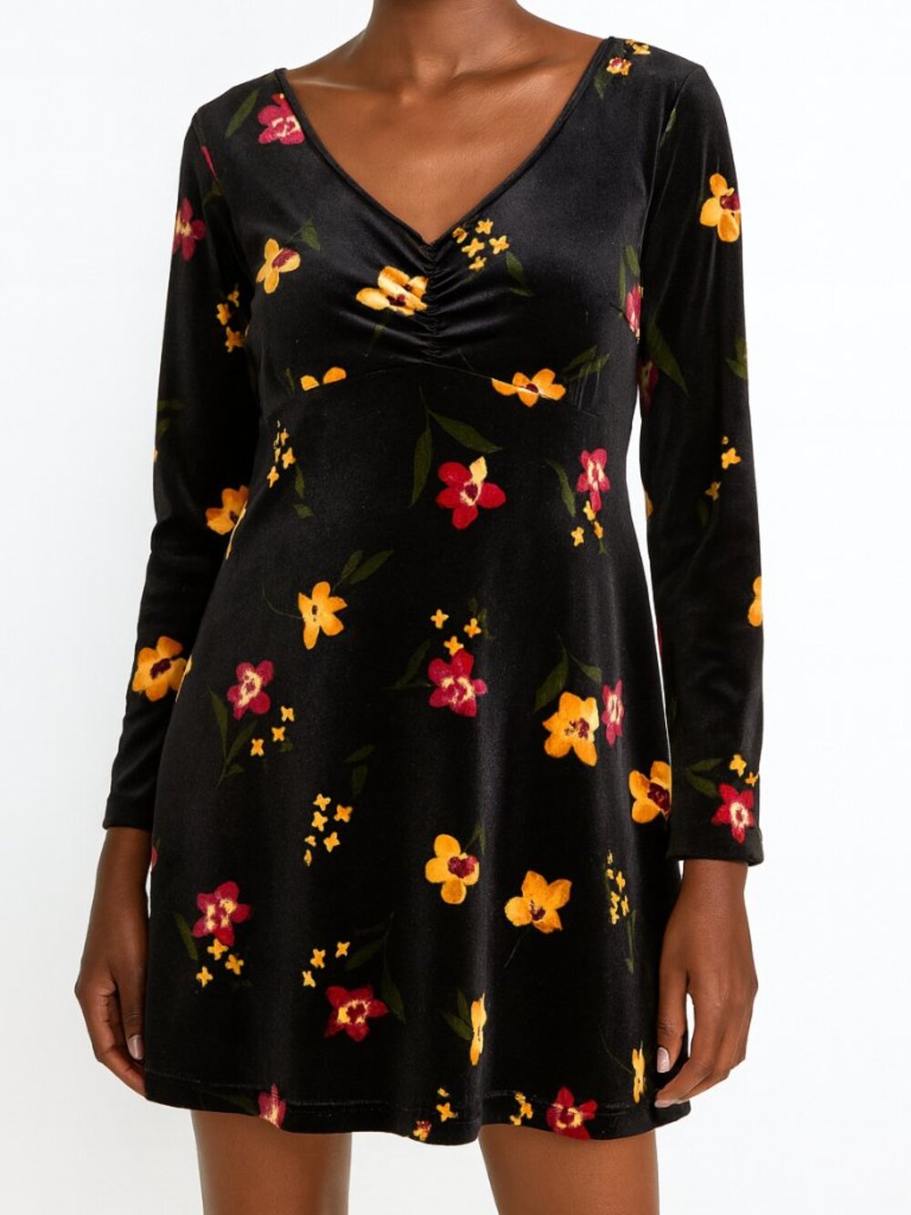 Vtg 90s Y2K La Belle Black Velvet Floral Babydoll Mini Dress Long Sleeve M USA